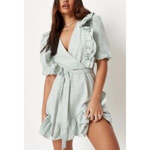 Missguided Mint Checkered Ruffle Wrap Dress